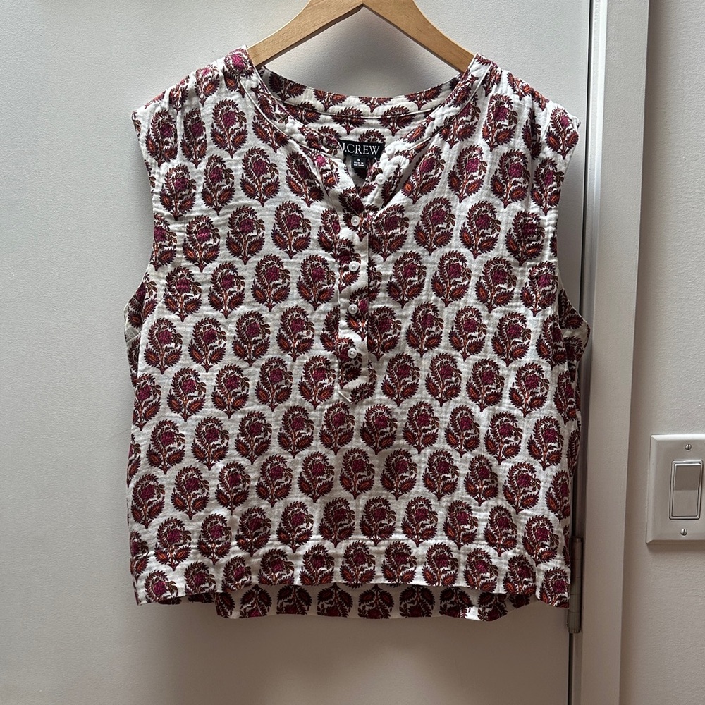 J. Crew Sleeveless Blouse - Burgundy and White Print